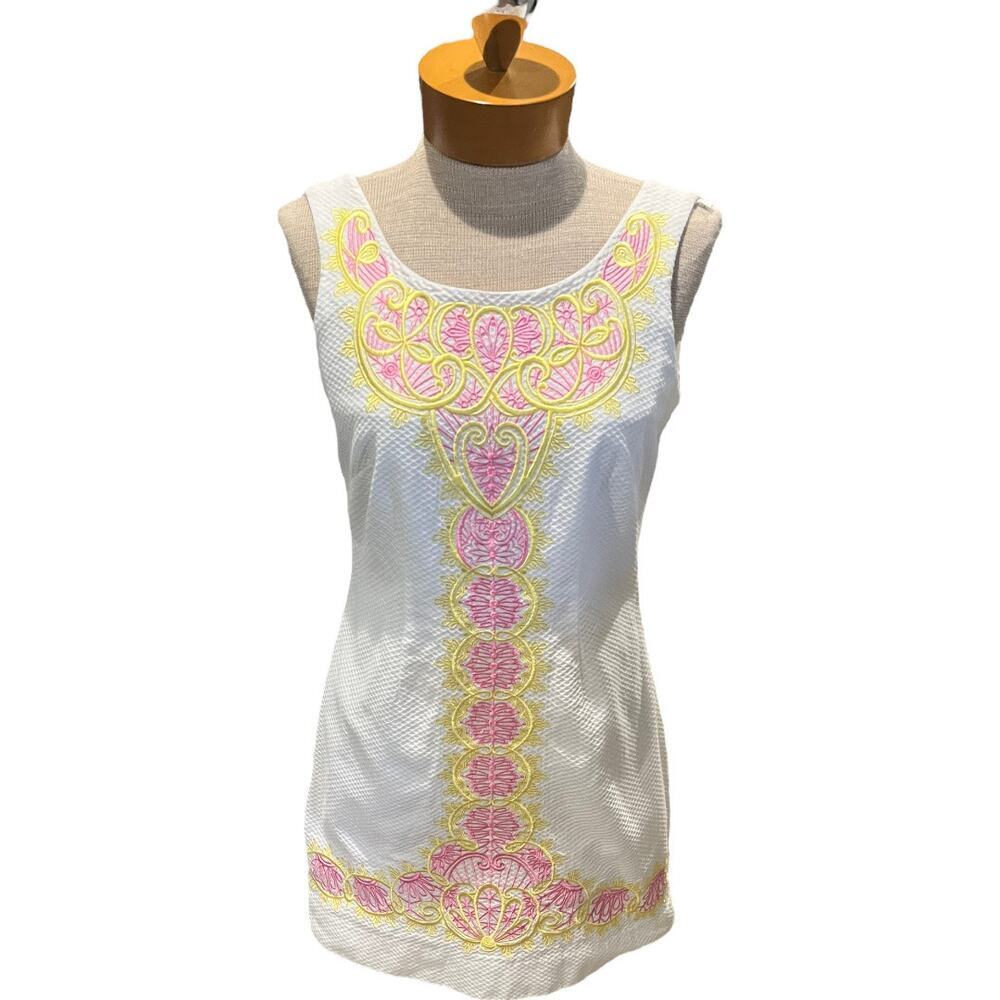 Lily Pulitzer Womens White Dress Short Size 4 Pink White Yellow Shift Delia